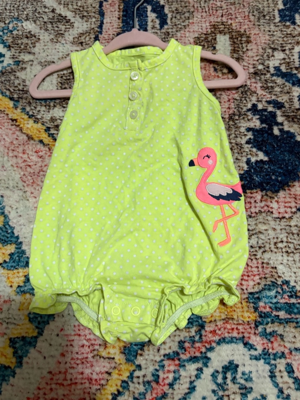Carter's Neon Yellow Polka Dot Infant Romper with Flamingo Patch - 9M